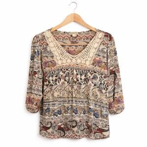 Energe Top Womens Size XL Multicolor Floral Print 3/4 Sleeve Sheer Bohemian